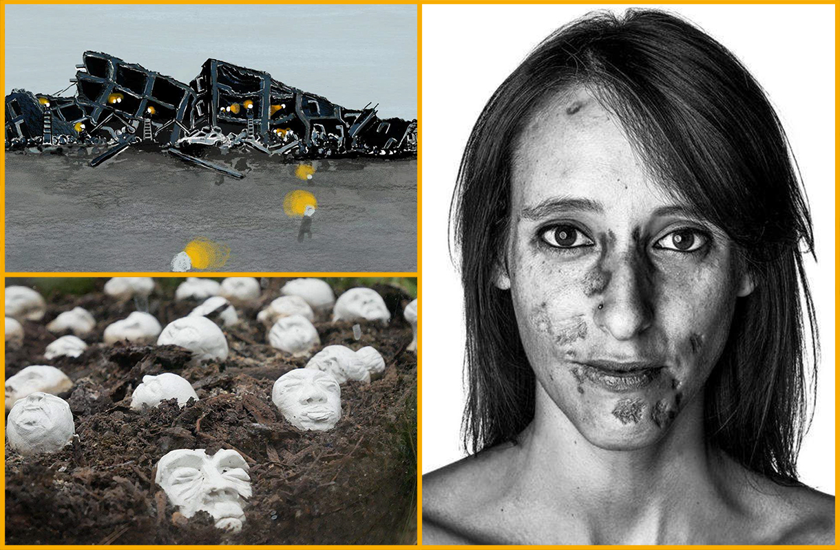 A painting of a dilapidated building, clay masks buried in the ground and a black and white portrait photograph